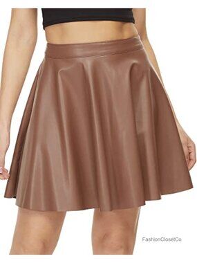 Faux Leather Mini Skater Skirt High Waist A-Line Pleated Stretchy